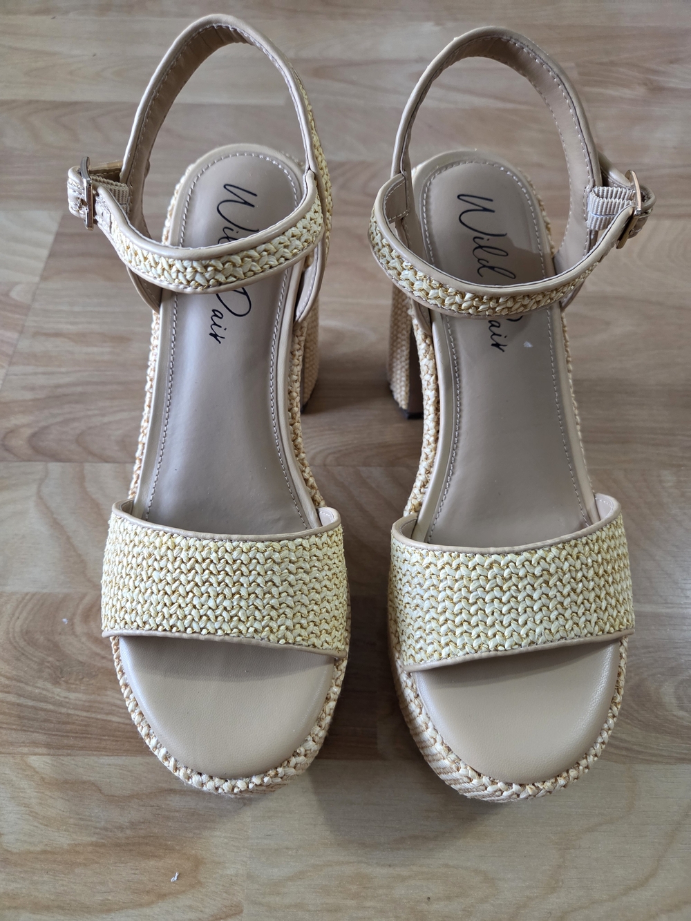 Wild Pair Womens Light Tan Braided Platform Sandals with Ankle Strap